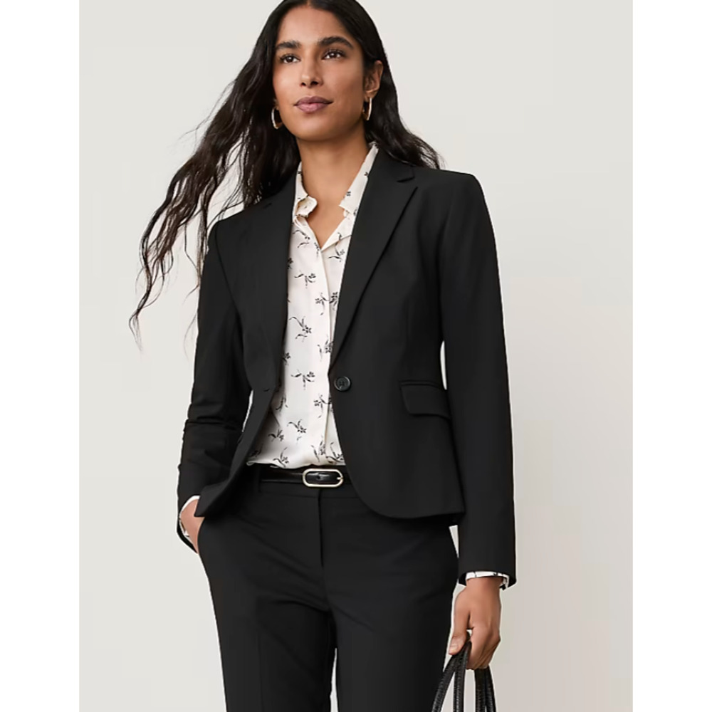 ANN TAYLOR BLACK NOTCHED ONE SINGLE BUTTON SEASONLESS STRETCH BLAZER JACKET 4